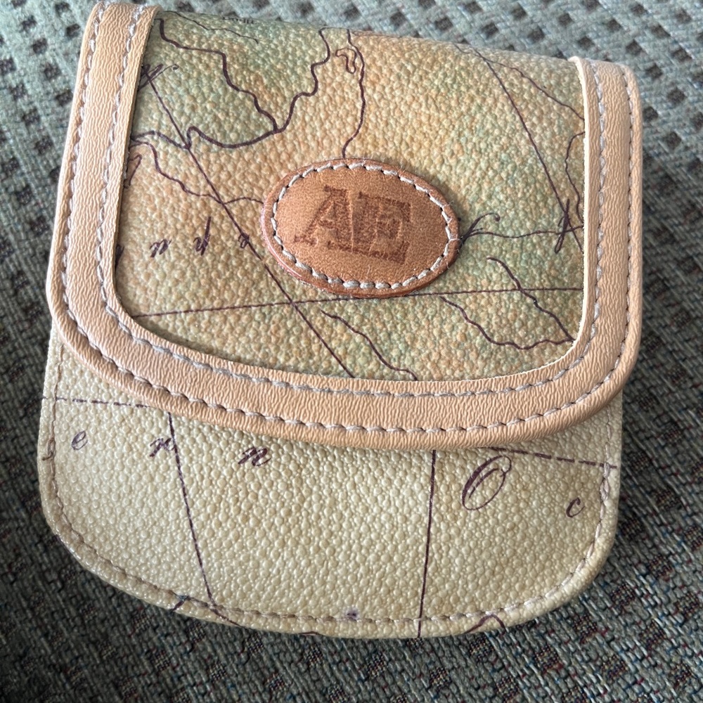 AE Allan Edward Map Print Geo Bifold Compact Wallet Leather Trim Tan